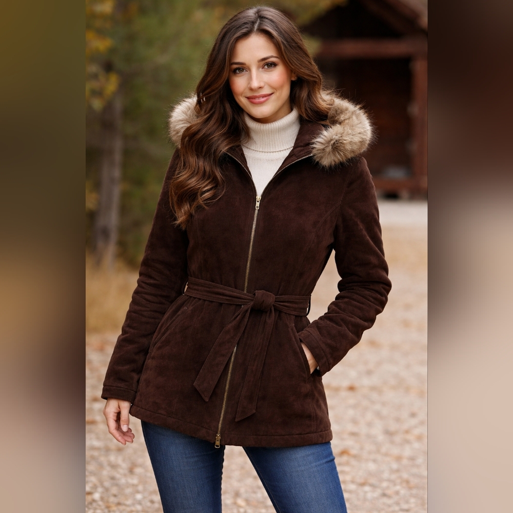 Wilsons Adventure Bound brown suede leather Belted coat faux fur trim hood SZ L